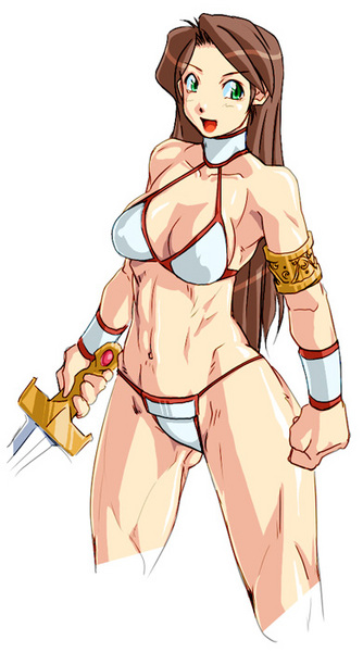 abs, arikawa, bikini, boots, brown_hair, choker, golden_axe, green_eyes