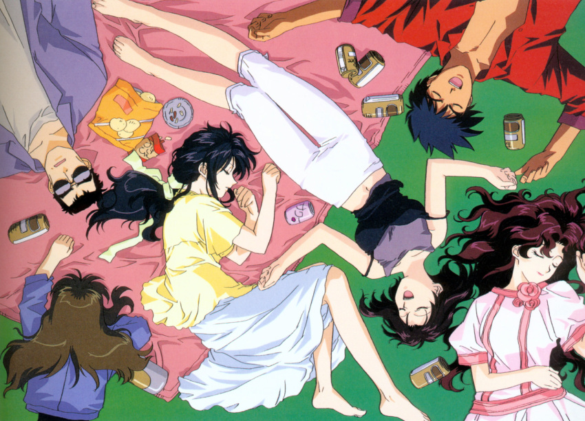 3boys, 3girls, alcohol, aoi_futaba, barefoot, beer, beer_can, can