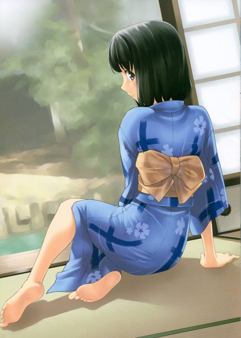1girl, barefoot, black_hair, blue_eyes, feet, japanese_clothes, kimi_kiss, kimono