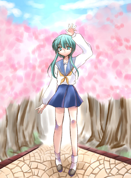 1girl, arm_up, blue_skirt, brown_shoes, cherry_blossoms, full_body, green_eyes, green_hair, loafers, long_sleeves, looking_at_viewer, neckerchief, original, outdoors, plant, sailor_collar, school_uniform, serafuku, shoes, short_hair, skirt, socks, solo, tree, wakasugi_kanata, white_legwear