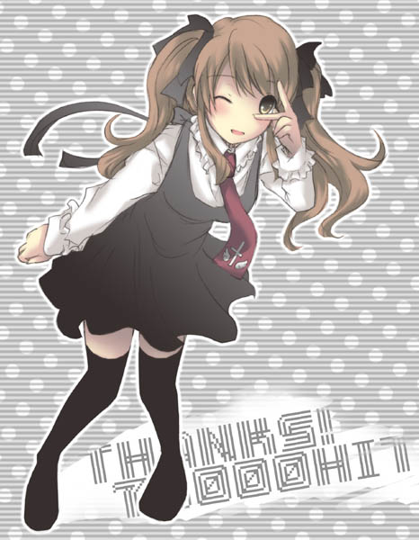 1girl, asahina_mikuru, ateru, black_legwear, no_shoes, one_eye_closed, polka_dot, polka_dot_background