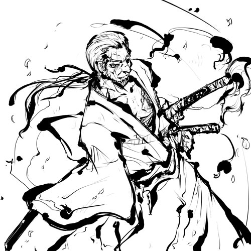 1boy, japanese_clothes, konpaku_youki, lowres, male_focus, monochrome, solo, sword