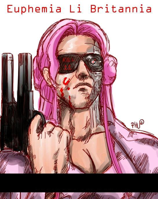 1girl, amt_hardballer_longslide, arnold_schwarzenegger, code_geass, cyborg, euphemia_li_britannia, gun, handgun, laser_sight, parody, pistol, semiautomatic, solo, sunglasses, t-800, terminator, weapon