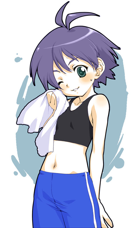 1girl, ;), antenna_hair, black_hair, blush, cowboy_shot, crop_top, green_eyes, grin, idolmaster, kikuchi_makoto, looking_at_viewer, midriff, myuracchi_(ayashii_hon'ya), myuratch, navel, one_eye_closed, pants, purple_hair, short_hair, smile, solo, sports_bra, sweat, tank_top, towel, track_pants, wiping_face