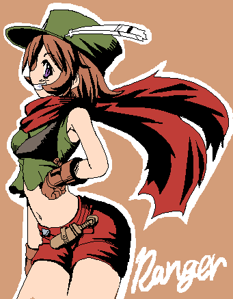1girl, atlus, brown_hair, feathers, gloves, grin, hat, knife