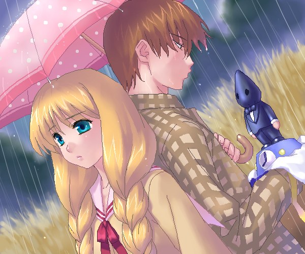 00s, 1boy, 1girl, back-to-back, blonde_hair, blue_eyes, braid, brown_hair, long_hair, oekaki, one_-_kagayaku_kisetsu_e, orihara_kouhei, rain, satomura_akane, school_uniform, shared_umbrella, short_hair, twin_braids, umbrella, zen