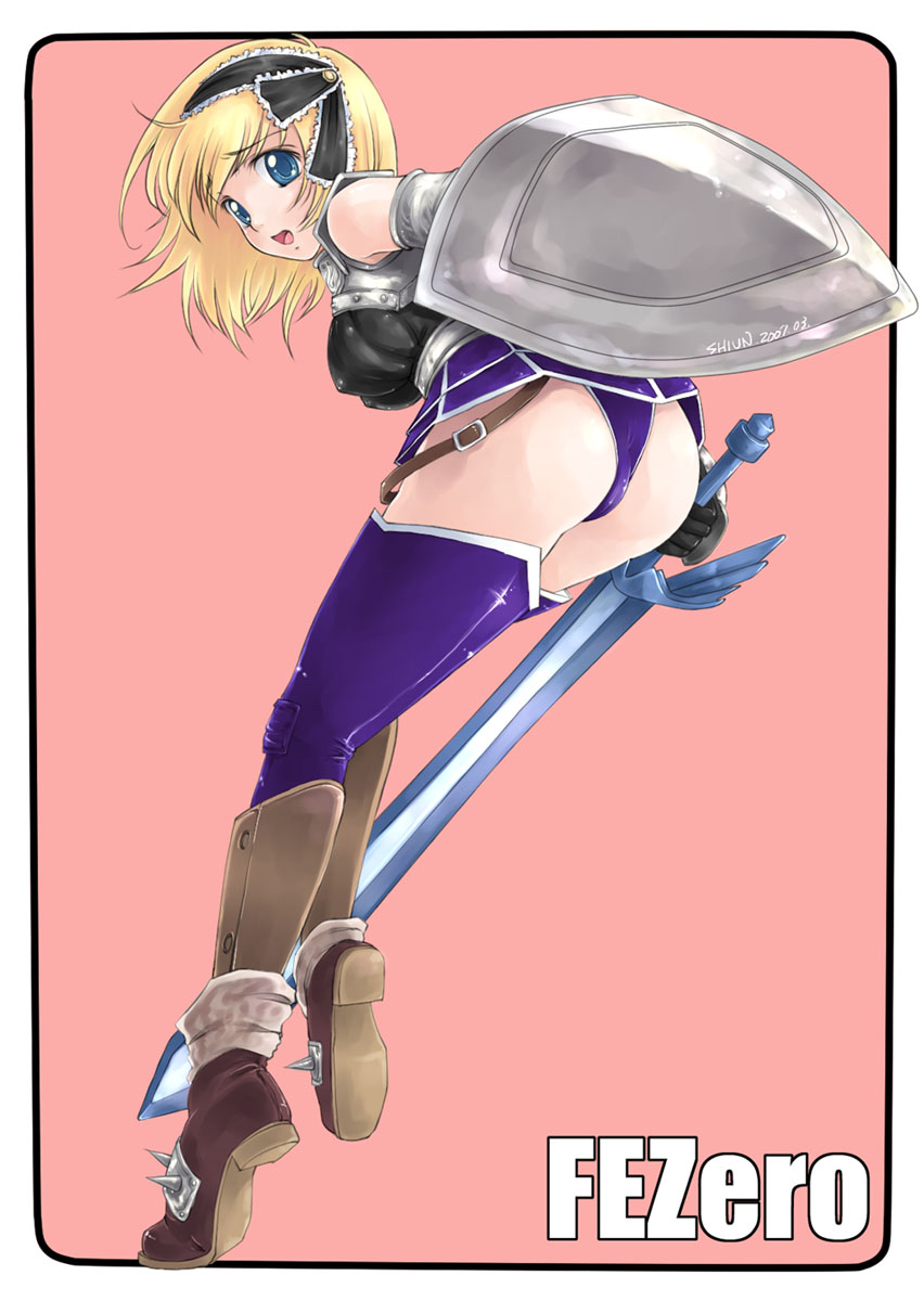 armor, ass, blonde_hair, blue_eyes, fantasy_earth_zero, highres, seven_flavor_spice, shield