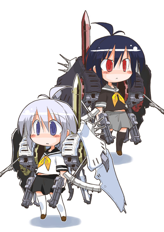 2girls, ahoge, black_hair, blue_eyes, blush_stickers, footwear, grey_hair, ikaruga