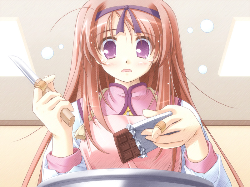1girl, apron, bandaid, blush, brown_hair, chocolate, chocolate_bar, cooking