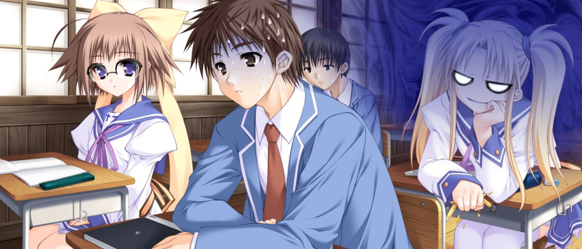 2boys, 2girls, aura, classroom, dark_aura, evil_face, evil_grin, evil_smile