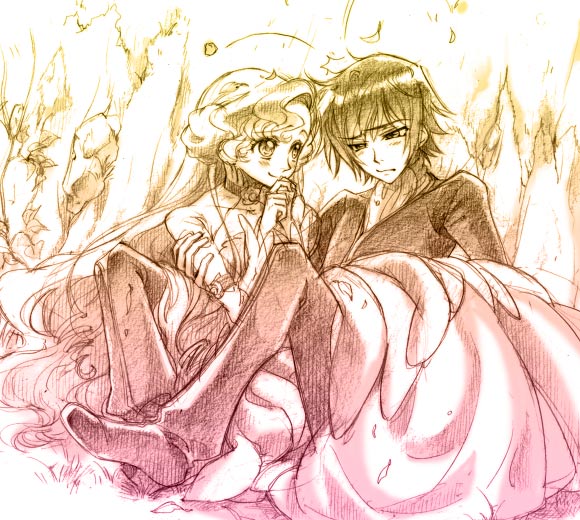 1boy, 1girl, bare_shoulders, blanket, blush, brother_and_sister, code_geass, detached_sleeves