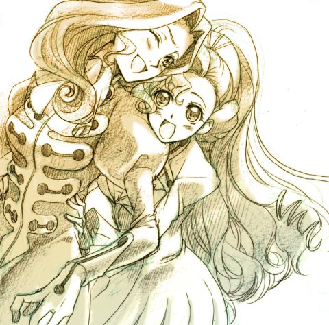 2girls, ;d, code_geass, cornelia_li_britannia, cowboy_shot, dress, euphemia_li_britannia, head_tilt, hisaki_yukari, juliet_sleeves, long_hair, long_sleeves, looking_at_viewer, lowres, monochrome, multiple_girls, one_eye_closed, open_mouth, ponytail, puffy_long_sleeves, puffy_sleeves, simple_background, smile, very_long_hair, white_background