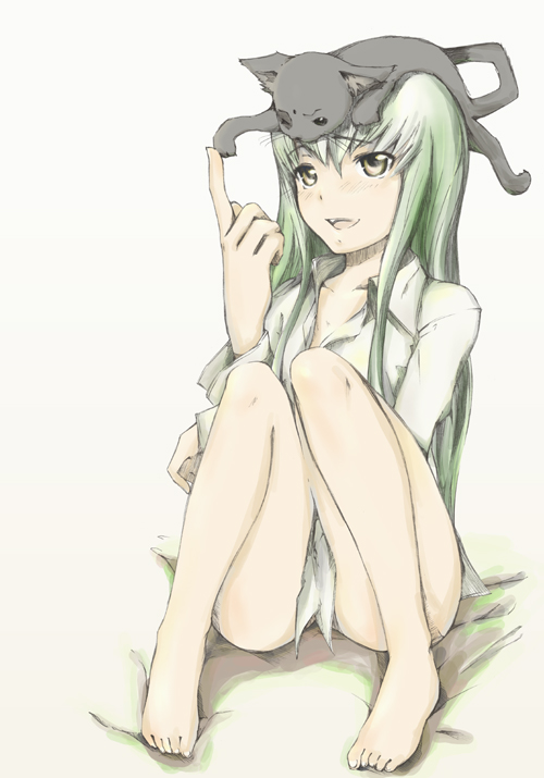 animal, animal_on_head, arthur, arthur_(code_geass), barefoot, bottomless, c.c., cat, cat_on_head, code_geass, dress_shirt, feet, konekonekozou, open_mouth, shirt, simple_background, sitting, yukari_(konekonekozou)