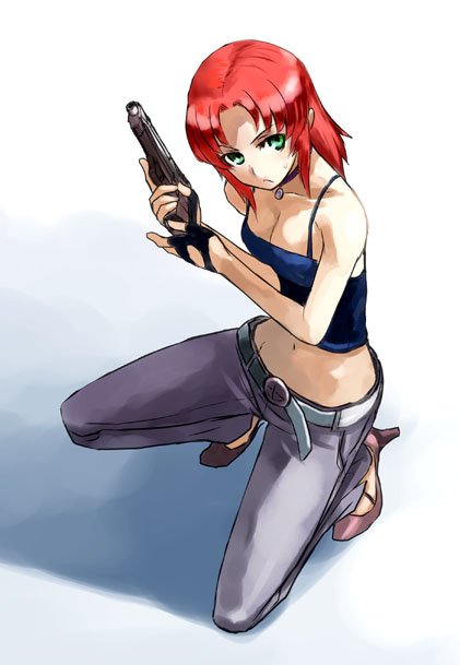 00s, 1girl, adachi_yousuke, belt, camisole, denim, fingerless_gloves, gloves