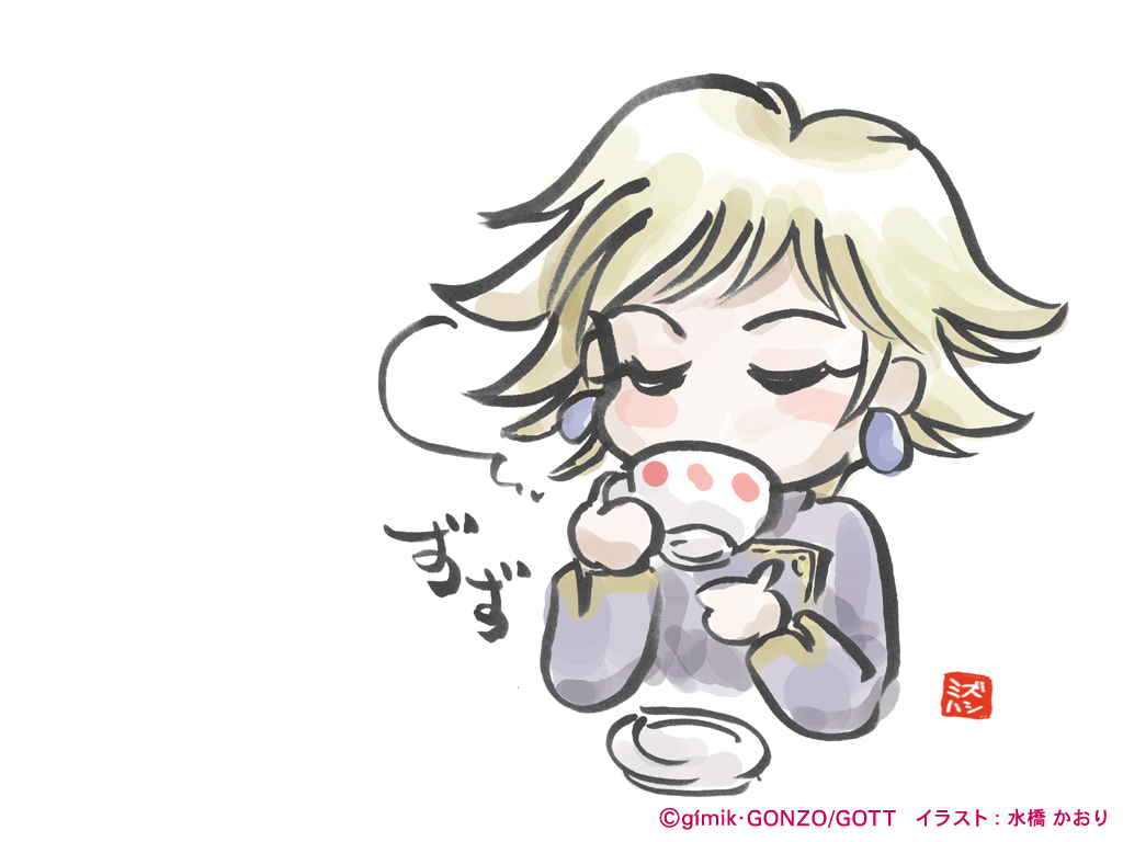 00s, 1girl, blonde_hair, cup, drinking, earrings, eclipse_(kiddy_grade), eyecatch, jewelry, kiddy_grade, long_sleeves, mizuhashi_kaori, motion_lines, saucer, simple_background, solo, steam, sweater, teacup, upper_body, wallpaper, white_background