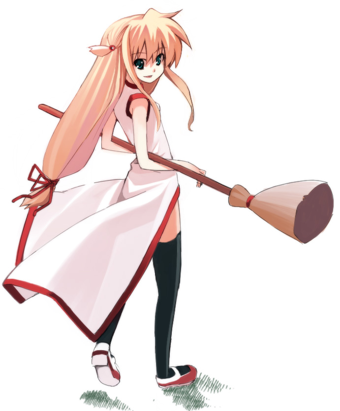 00s, 1girl, arisa_bannings, blonde_hair, broom, burning_arisa, ikawa_waki, long_hair, low-tied_long_hair, lyrical_nanoha, magical_girl, mahou_shoujo_lyrical_nanoha, solo, thigh-highs, tied_hair, waist_cape