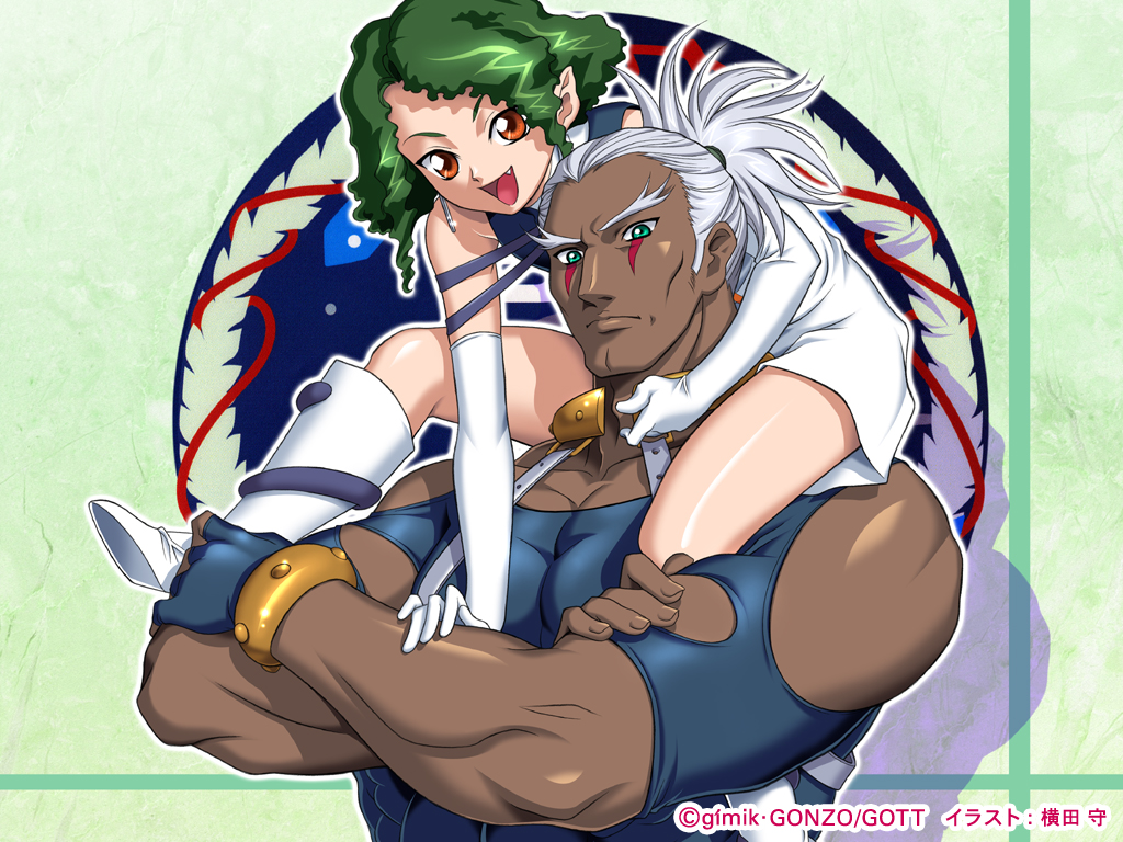 00s, 1boy, 1girl, :d, a-ou, blue_eyes, blue_gloves, bracelet, closed_mouth, crossed_arms, elbow_gloves, episode13, expressionless, eyecatch, facepaint, full_body, gloves, jewelry, kiddy_grade, looking_at_viewer, muscle, on_shoulder, open_mouth, ponytail, red_eyes, silver_hair, size_difference, smile, un-ou, wallpaper, white_gloves, yokota_mamoru