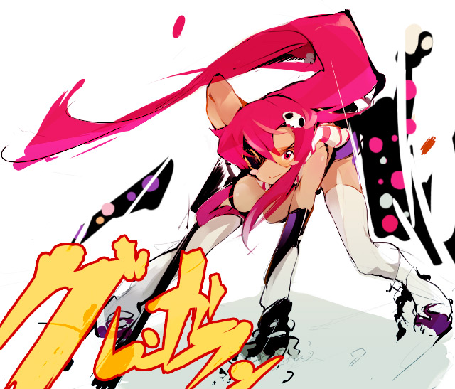 1girl, bangs, bent_over, bikini_top, boots, breasts, closed_mouth, dark_skin, eyepatch, flame_print, gloves, hair_ornament, kaede_(sayappa), large_breasts, long_hair, looking_at_viewer, matching_hair/eyes, ponytail, red_eyes, redhead, sayappa, scarf, shorts, skull_hair_ornament, smile, solo, standing, tengen_toppa_gurren_lagann, text, thigh-highs, very_long_hair, white_legwear, yoko_littner
