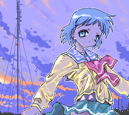 blue_hair, juuyon, oekaki, school_uniform, shizuku, short_hair, sunset, tsukishima_ruriko