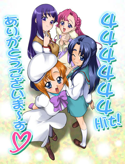 4girls, :d, ;), arms_behind_back, asakura_ryouko, bangs, blue_eyes, blue_hair