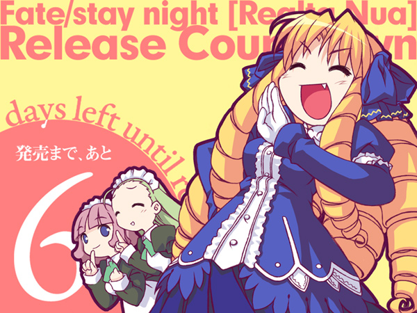3girls, black_(artist), blonde_hair, drill_hair, fang, fate/stay_night, fate_(series), finger_to_mouth