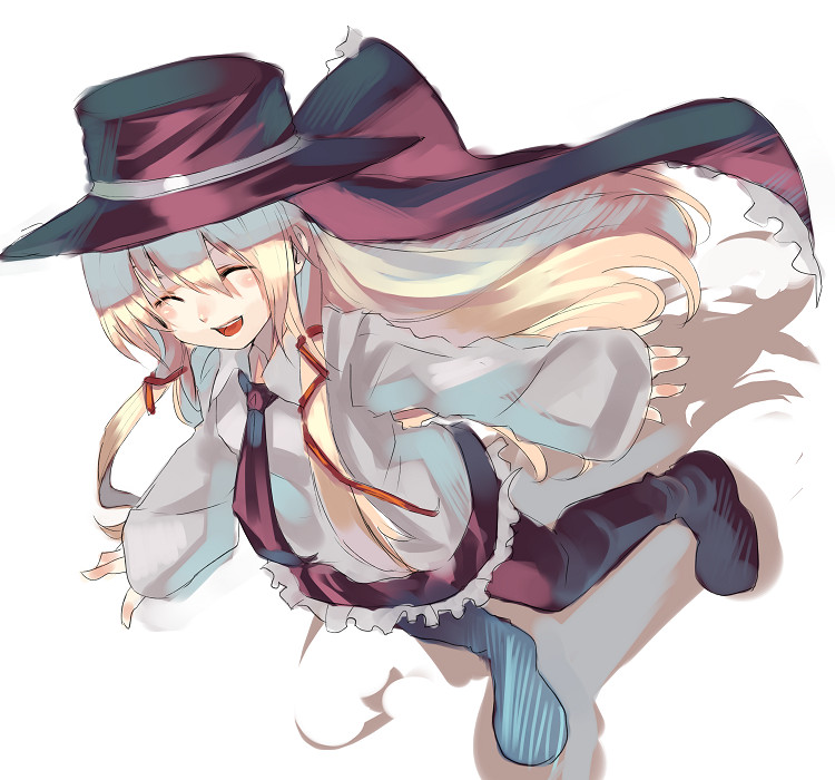1girl, blonde_hair, closed_eyes, cloth_road, fedora, from_above, hair_ribbon, hat
