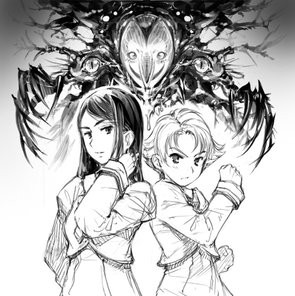 2girls, claws, kowaiina, kowaina, long_hair, minazuki_karen, monochrome, monster