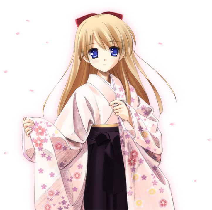 1girl, bangs, blonde_hair, blue_eyes, cherry_blossoms, floral_print, furisode, hakama