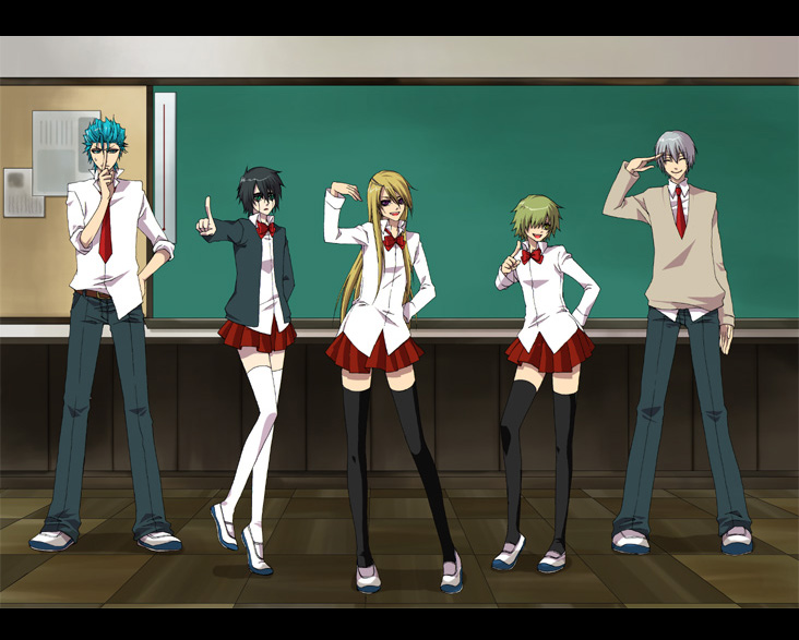 2girls, 3boys, arrancar, bleach, crossdressinging, di_roy_rinker, espada, grimmjow_jaegerjaquez, hare_hare_yukai, ichimaru_gin, multiple_boys, multiple_girls, parody, school_uniform, serafuku, suzumiya_haruhi_no_yuuutsu, thigh-highs, ulquiorra_cifer, yylfordt_granz, zettai_ryouiki