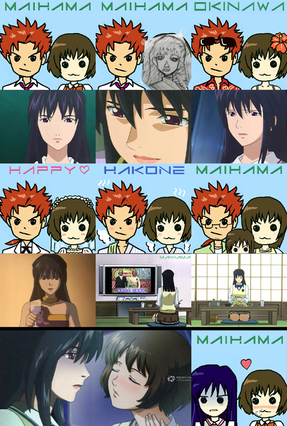 1boy, 2girls, black_hair, blush, brown_eyes, brown_hair, closed_eyes, comic