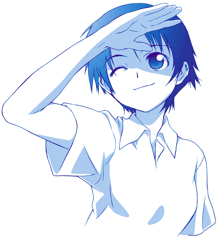 1girl, bangs, blue, face, hands, konno_makoto, monochrome, short_hair