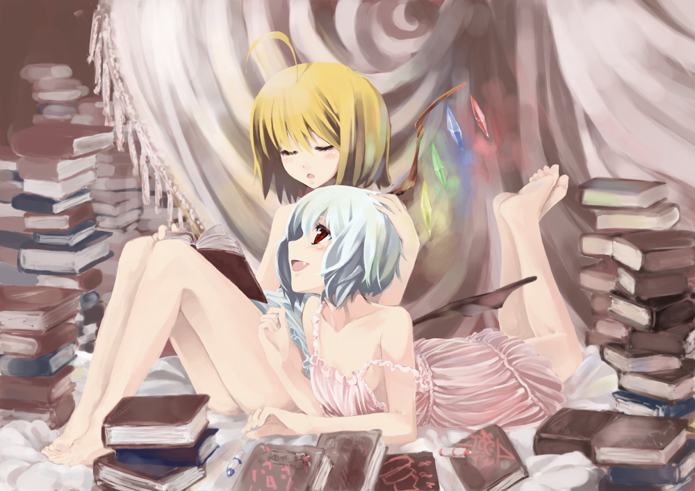 barefoot, blonde_hair, blue_hair, blush, book, fang, feet, flandre_scarlet