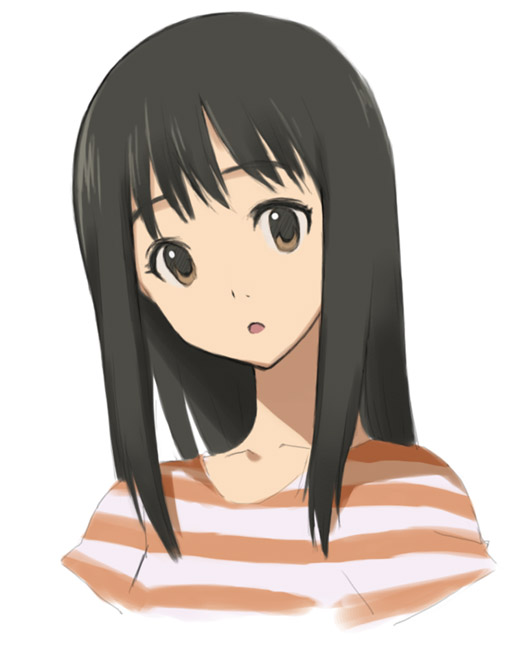 1girl, black_hair, head_tilt, kawata_hisashi, konno_miyuki, open_mouth, portrait, solo, toki_wo_kakeru_shoujo, upper_body