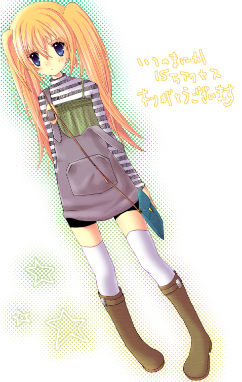 bag, blonde_hair, blue_eyes, boots, handbag, haruno_ichigo, overalls, shirt