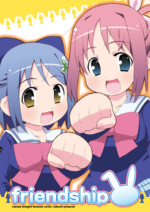 2girls, :d, amamiya_manami, blue_eyes, blue_hair, bow, brown_eyes, clenched_hand