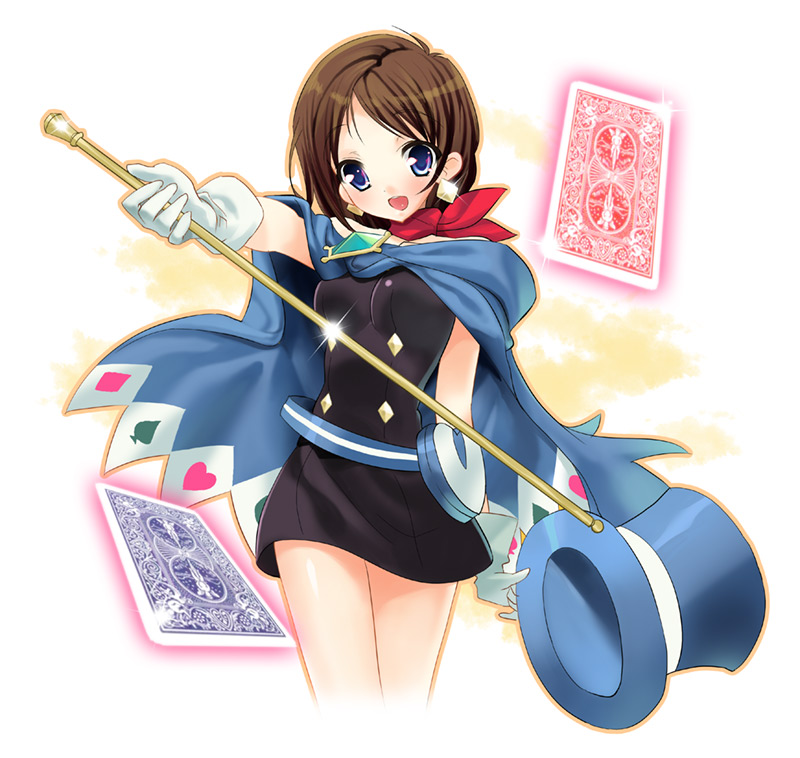 1girl, blue_hat, brown_hair, capcom, cape, card, diamond_(shape), earrings