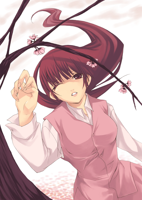 cherry_blossoms, long_hair, original, red_eyes, redhead, uemoto_masato, wink