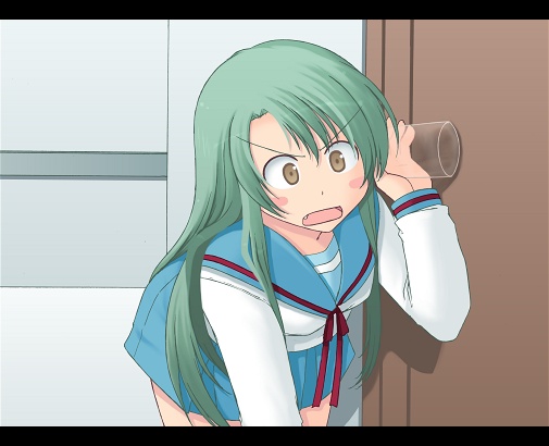 1girl, amamiya_minato, blush_stickers, ear_to_glass_to_door, eavesdropping, fang, long_hair, school_uniform