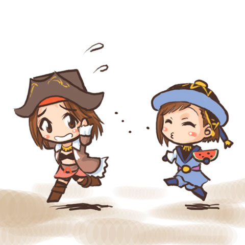 2girls, blue_mage, chibi, corsair, corsair_(final_fantasy), final_fantasy, final_fantasy_xi, food, fruit, holding, holding_fruit, hume, lowres, multiple_girls, nakayama_saki, o3o, pirate, seed, spitting, thigh-highs, watermelon