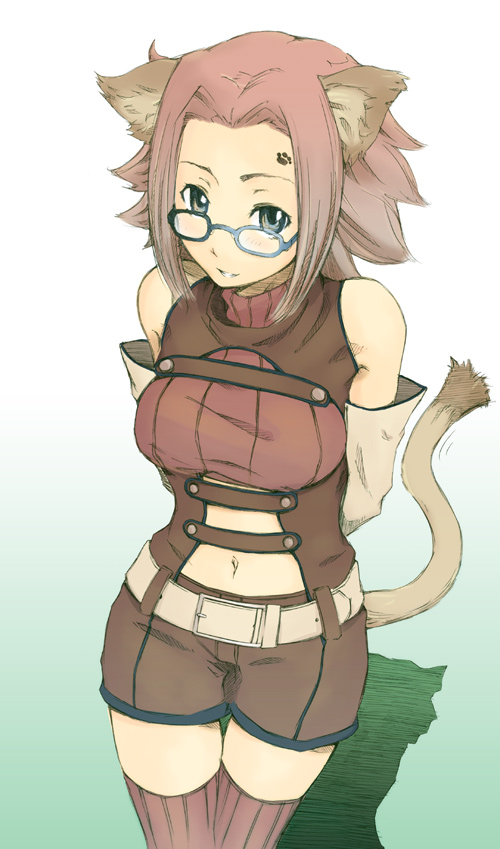 1girl, animal_ears, bare_shoulders, bespectacled, cat_ears, cat_tail, code_geass, glasses, kallen_stadtfeld, konekonekozou, redhead, sleeveless, sleeveless_turtleneck, solo, tail, thigh-highs, turtleneck, yukari_(konekonekozou)