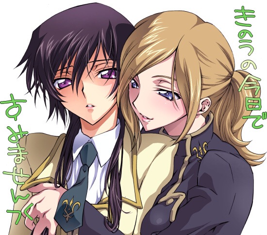 1boy, 1girl, blonde_hair, breast_press, code_geass, couple, crossdressinging, formal