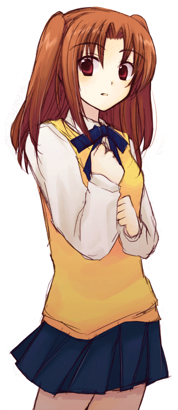 00s, 1girl, blue_skirt, brown_hair, long_hair, red_eyes, school_uniform, serafuku