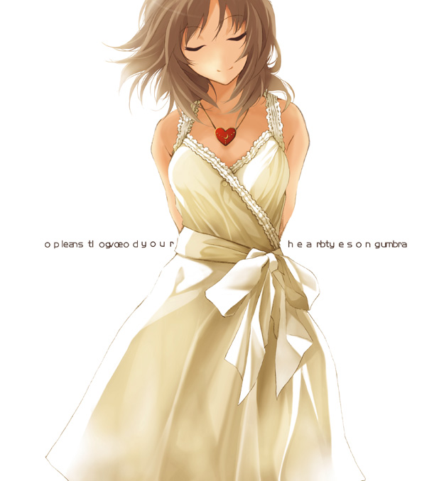 1girl, arms_behind_back, bare_shoulders, brown_hair, closed_eyes, collarbone, dress, gem