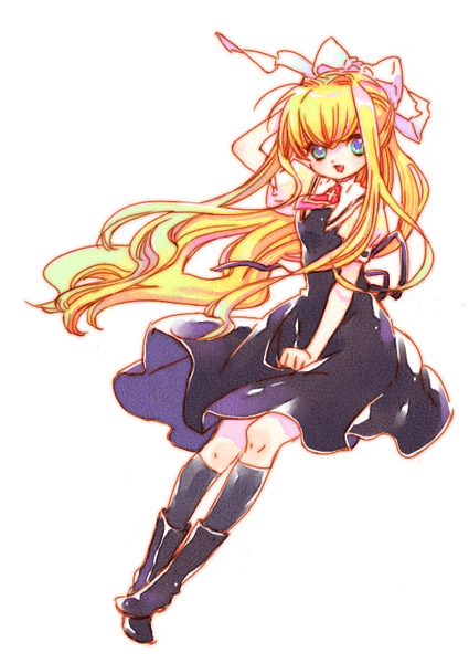 1girl, :o, air, ascot, bangs, black_boots, black_dress, blonde_hair
