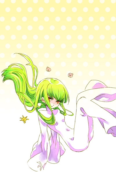 1girl, blush, c.c., code_geass, covered_navel, floating_hair, full_body, green_hair