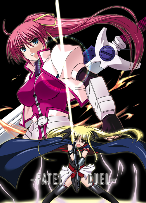2girls, bardiche, belt, blonde_hair, cape, energy_sword, fate_testarossa, fingerless_gloves