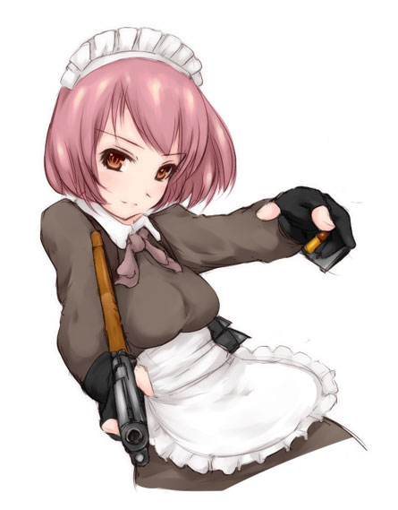 brown_eyes, combat_maid, gun, maid, nekohige, original, pink_hair, short_hair
