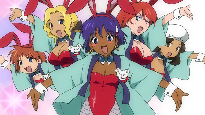 5girls, animal_ears, bathhouse_bunnygirls, blonde_hair, blush_stickers, brown_hair, bunnysuit, company_connection, dark_skin, earrings, electra, fishnet_pantyhose, fishnets, fushigi_no_umi_no_nadia, gainax, grandis_granva, ikolina, jewelry, king_(nadia), marie_en_carlsberg, multiple_girls, nadia, nekomata_naomi, pantyhose, parody, purple_hair, rabbit_ears, short_hair, tengen_toppa_gurren_lagann
