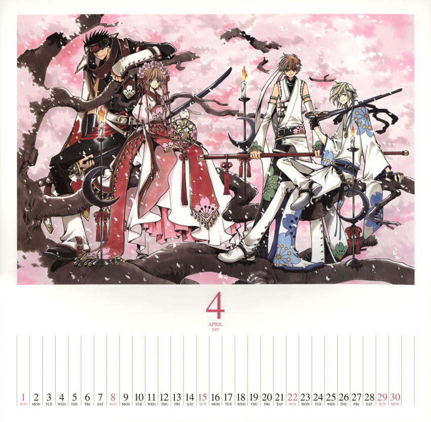 00s, 1girl, 2007, 3boys, april, calendar, cherry_blossoms, clamp