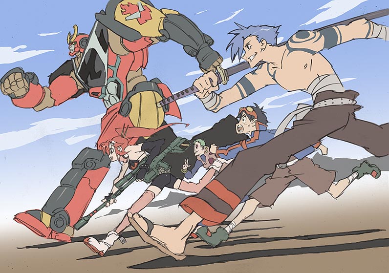 1girl, 3boys, blackalpha, gurren-lagann, kamina, lagann, leeron, multiple_boys
